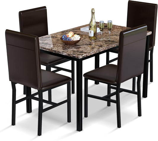 5 Piece Dining Table Set for 4,Faux Marble Kitchen Table and Chairs for 4, Modern Dining Room Table with 4 Chairs,Dinner Table Set for Small Spaces, Brown