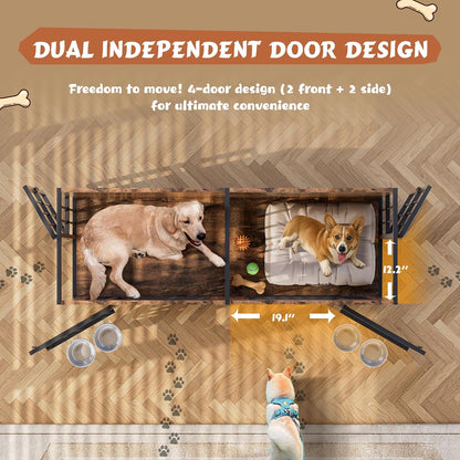 63'' Double Dog Crate Furniture for 2 Dogs, Wooden Dog Kennel with Removable Divider, XL Dog House Indoor with Rotating Bowl Holders, Heavy Duty Dog Crate TV Stand (62.9" X 23.6" X 27.9")