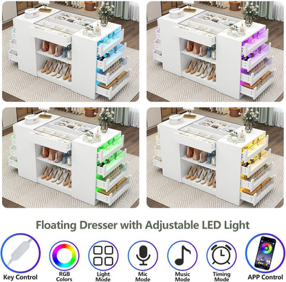 Closet Island with Drawers, Armoire Wardrobe Closet with LED Lights White Dresser Walk-In Closets with Glass Top for Bedroom & Cloakroom