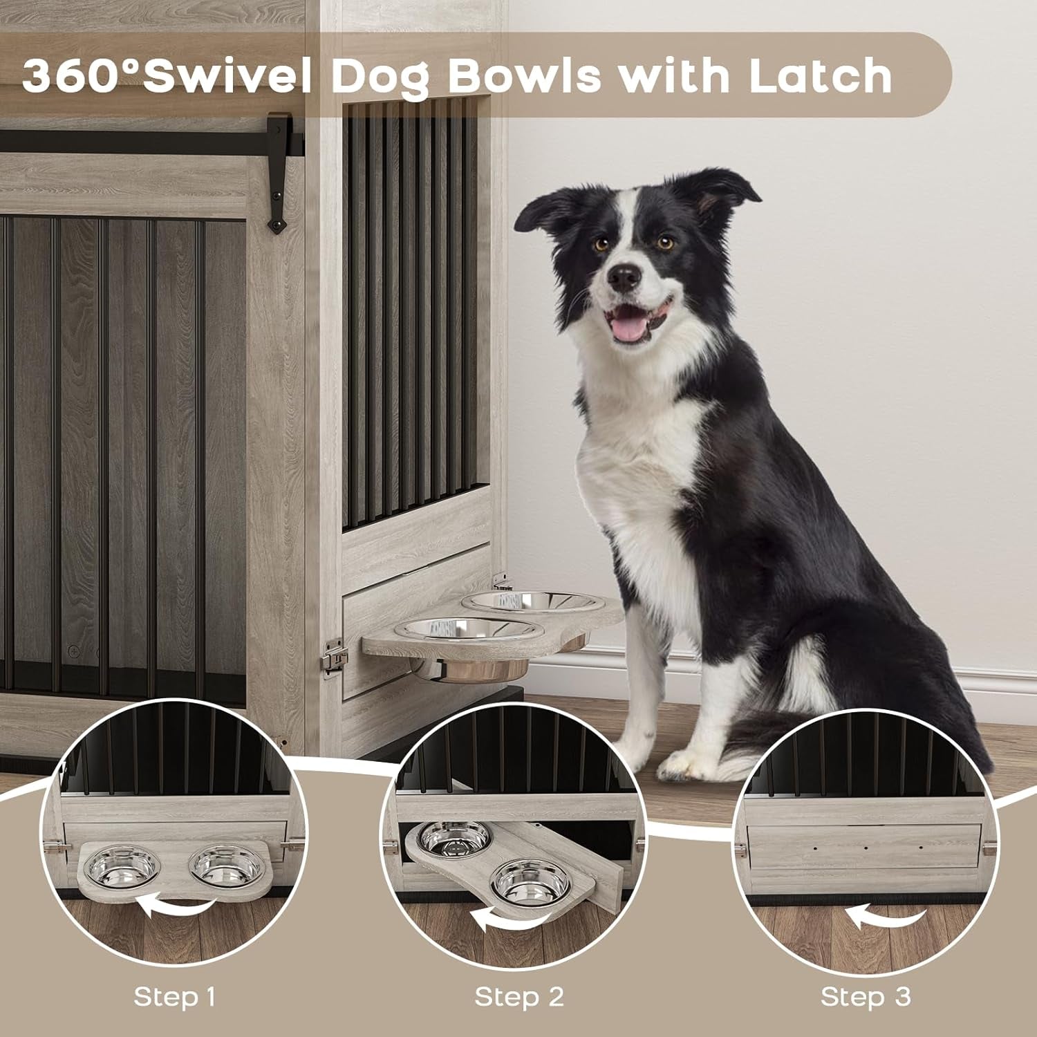 Large Dog Crate Furniture with Sliding Door & 360° Spinning Bowls | Durable Modern End Table for Medium & Large Dogs for Pet Owners (40-Inch)