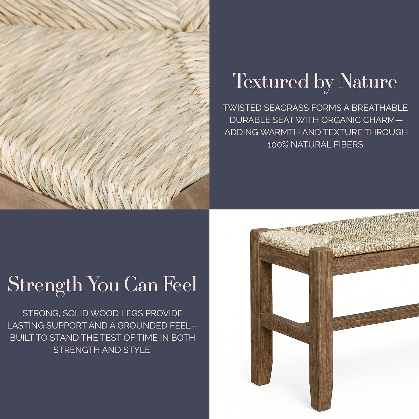 Newport 40 Inch Solid Wood Entryway Bench - Modern Farmhouse Indoor Decorative Bench with Natural Seagrass Rush Seat - Furniture for Entryway, Dining Room, or Kitchen (Natural)