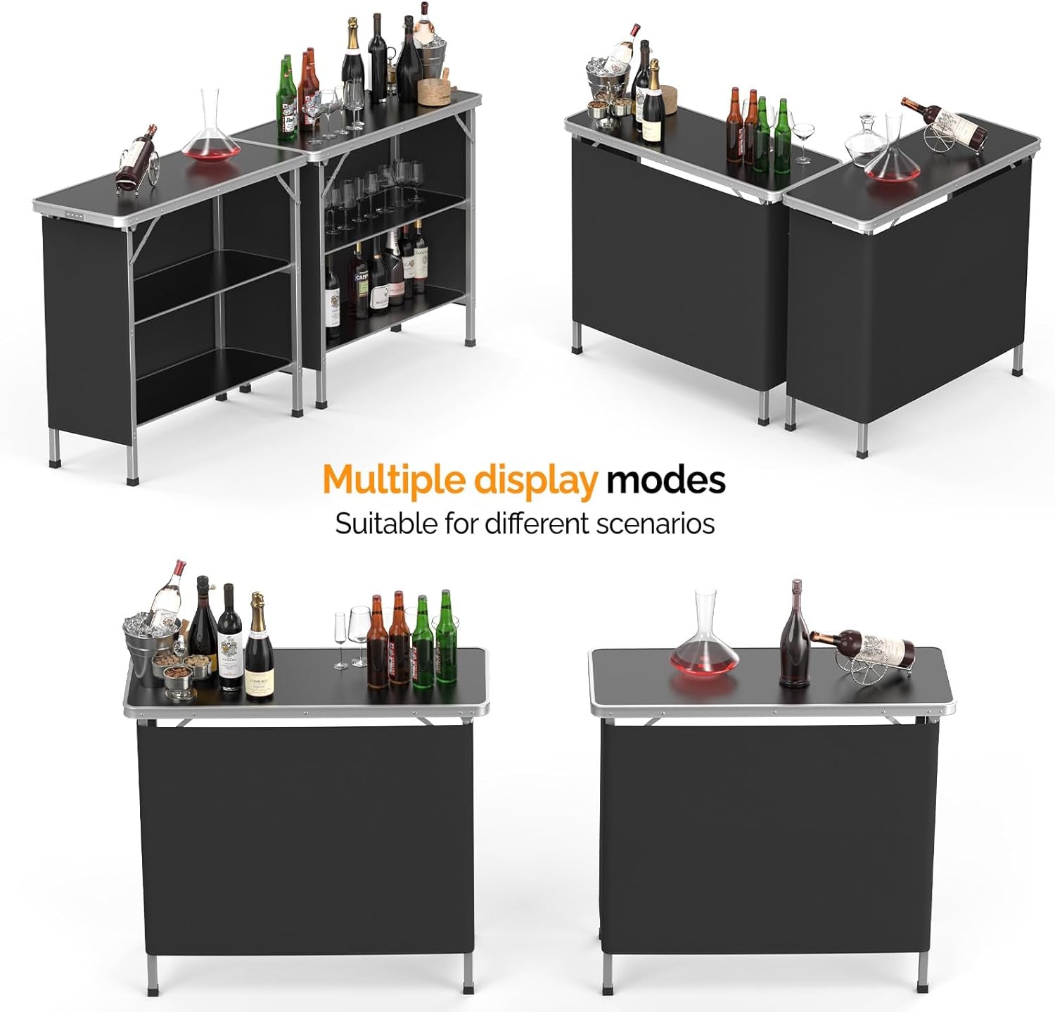 Portable Bar Table, 2-Tier Shelves, Mobile Bar Table for Events, Party, Camping, Picnic, Tradeshow, Indoor with Black Skirt, 39 "L X 34" H