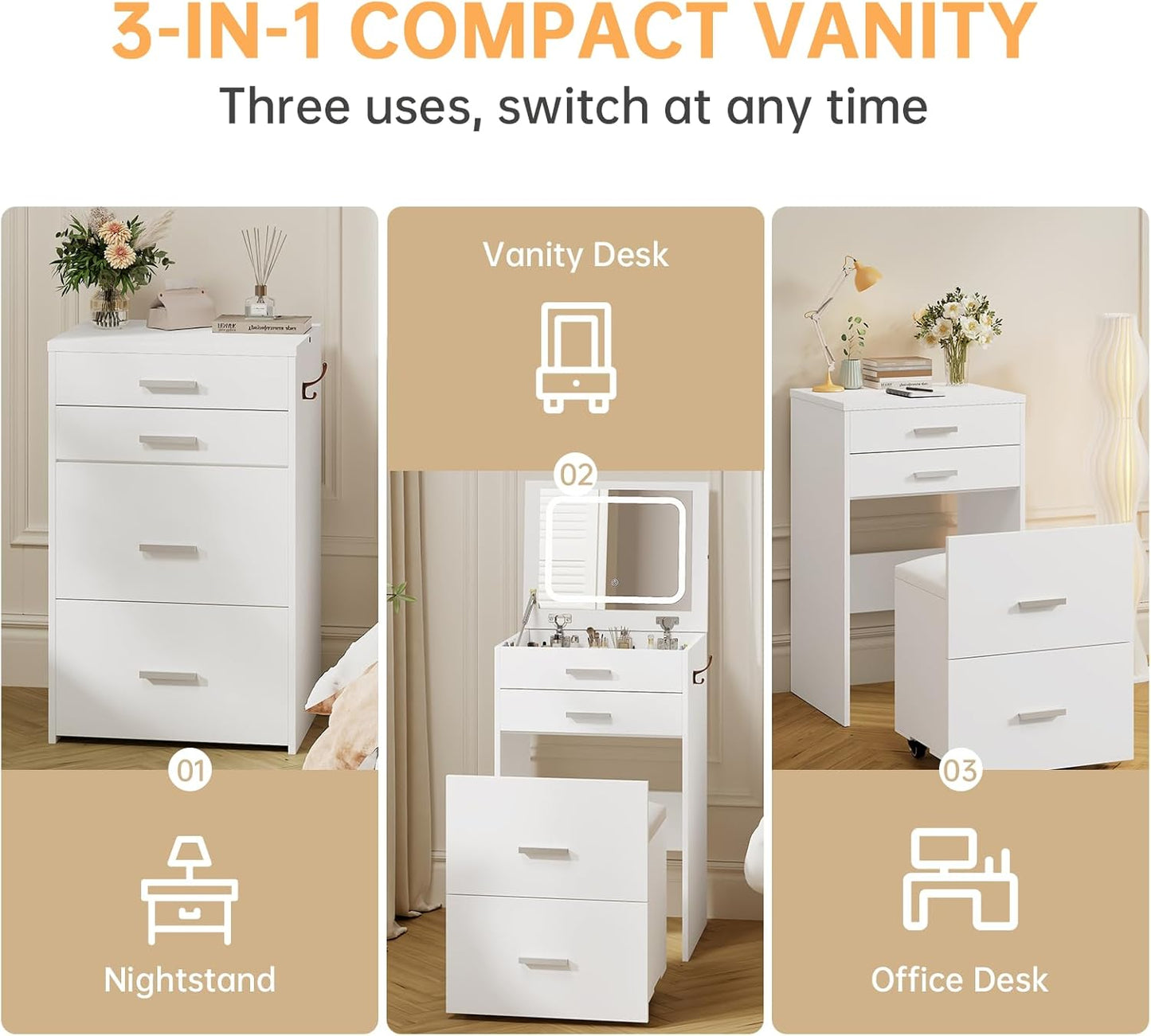 3 in 1 Vanity Desk, Compact Vanity with 3 Drawers, Makeup Desk with Flip-Up 3 Colors Lighting Mirror and Cushioned Stool, Small Vanities Nightstand Perfect for Bedroom, White