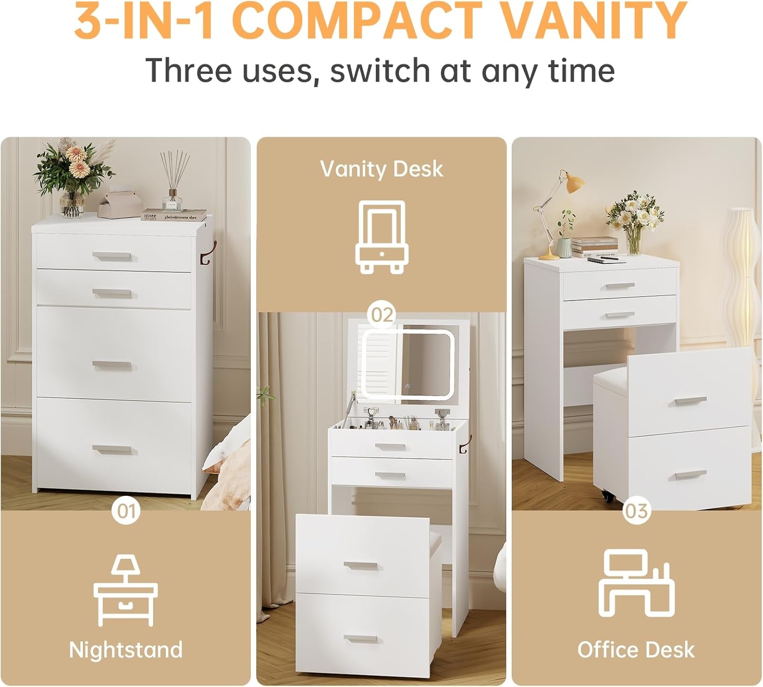 3 in 1 Vanity Desk, Compact Vanity with 3 Drawers, Makeup Desk with Flip-Up 3 Colors Lighting Mirror and Cushioned Stool, Small Vanities Nightstand Perfect for Bedroom, White