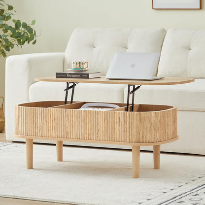 Fluted Lift Top Coffee Table with Hidden Compartment, Fully Assembled Wooden Center Table, Modern Oval Lift Tabletop for Home Living Room Office, Natural