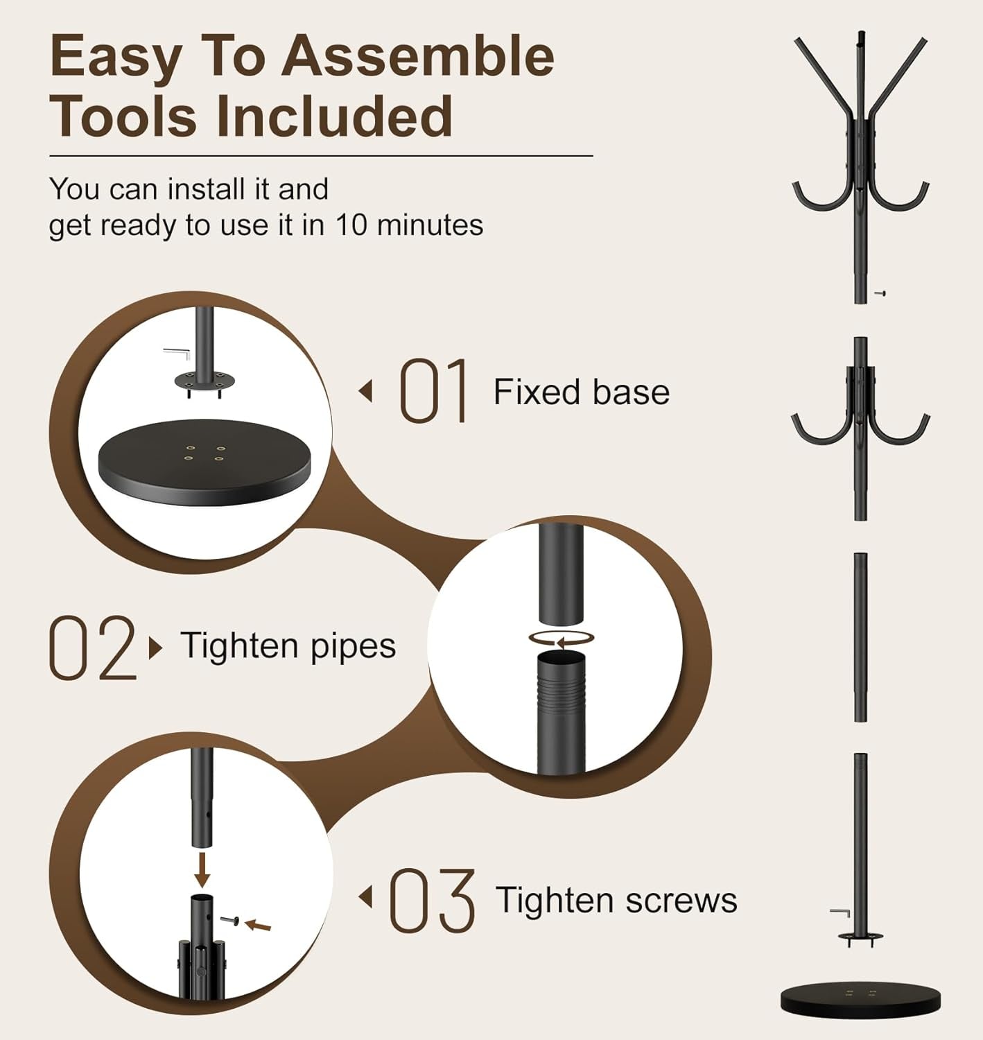 Heavy Duty Coat Rack Freestanding with Stable Wood Base Modern Black Coat Tree with 12 Hooks Adjustable Coats Hanger Stand Stylish Standing Clothes Tree for Entryway Bedroom Corner Hall