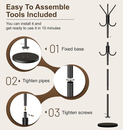 Heavy Duty Coat Rack Freestanding with Stable Wood Base Modern Black Coat Tree with 12 Hooks Adjustable Coats Hanger Stand Stylish Standing Clothes Tree for Entryway Bedroom Corner Hall