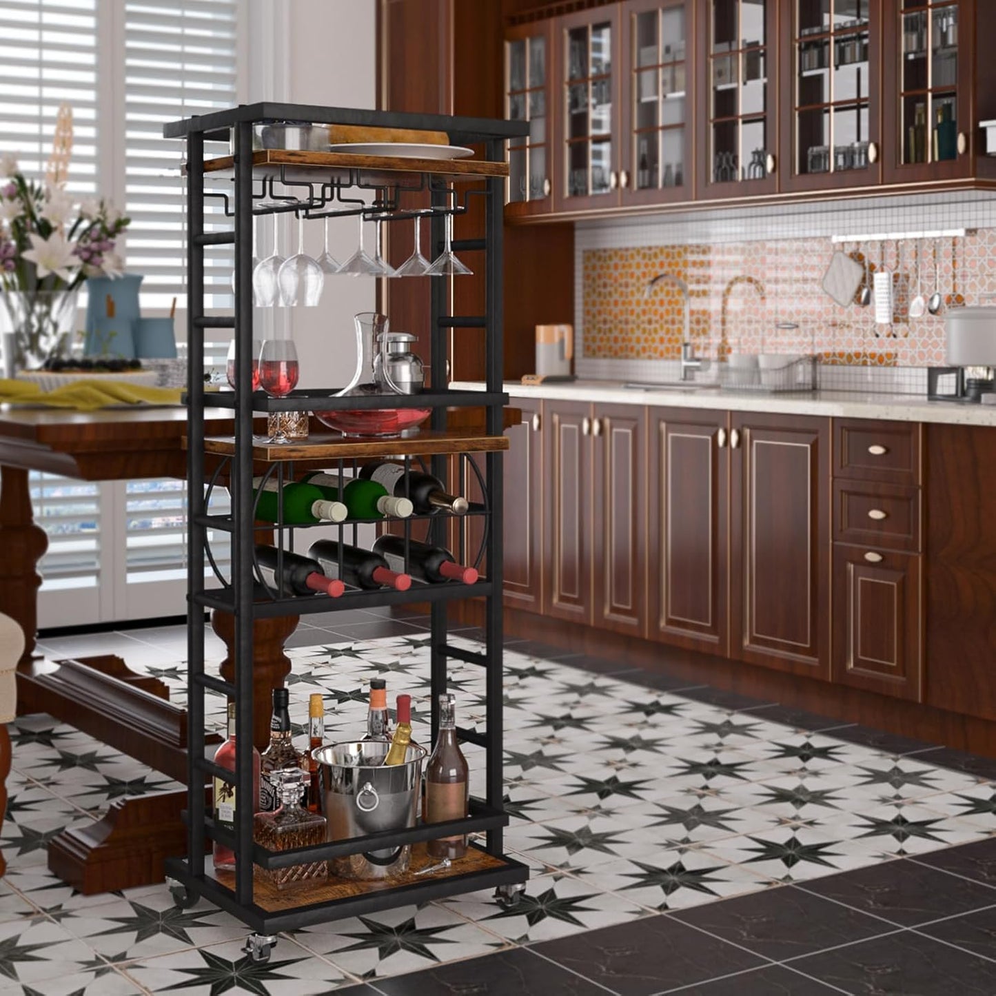 4 Tier Bar Cart for Home with Wheels,Home Bar Serving Cart, Rolling Mini Wine Cart with Wine Rack and Glass Holder, Drink Cart for Dining Room, Living Room, Kitchen, Bar and Outdoor, Rustic Brown