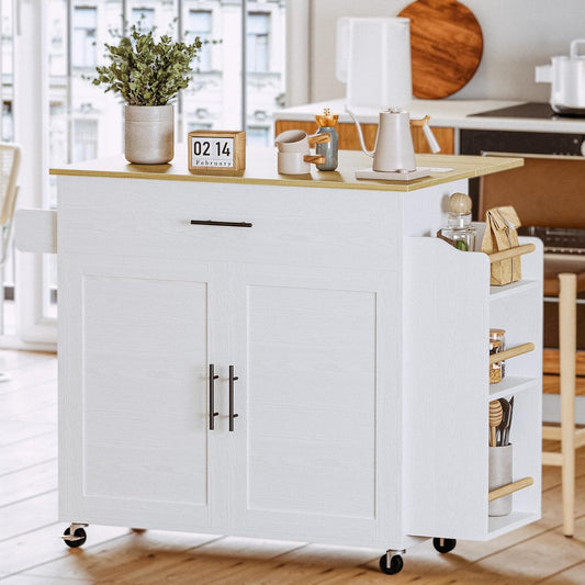 Kitchen Island with Storage, Rolling Kitchen Island on Wheels with Drop Leaf, 3 Open Spice Rack Shelf, Door Cabinet, Drawer, Kitchen Cart Island Table for Kitchen, White