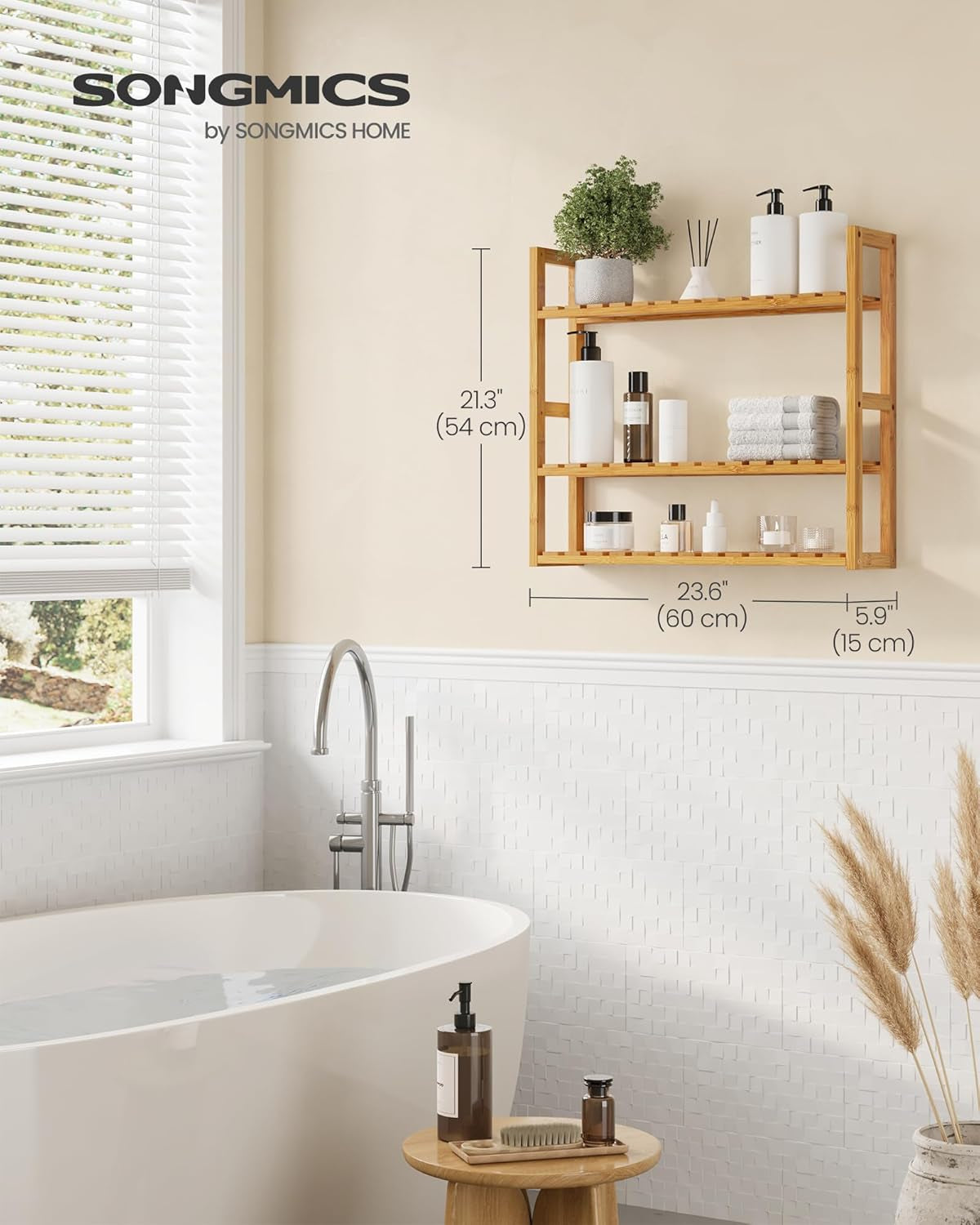 Bamboo Bathroom Shelf, 3-Tier Adjustable Plants Rack, Wall-Mounted or Stand, in the Living Room, Balcony, Kitchen, 5.9 X 23.6 X 21.3 Inches, Natural UBCB13Y