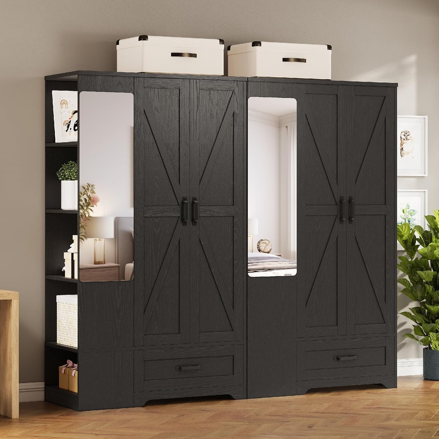 Armoire Wardrobe Closet 70 Inches, Large Storage with Mirror, 2 Doors, Drawer, and Shelves, Modern Bedroom Freestanding Wooden Wardrobe Combination with Hanging Rail, Black