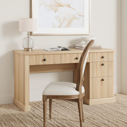 Fluted Home Office Desk Storage, 54 in Modern Executive Desk with Charging Station, Wooden Computer Writing Desk with File Cabinet & Drawers for Study, Living Room, Bedroom-Burlywood