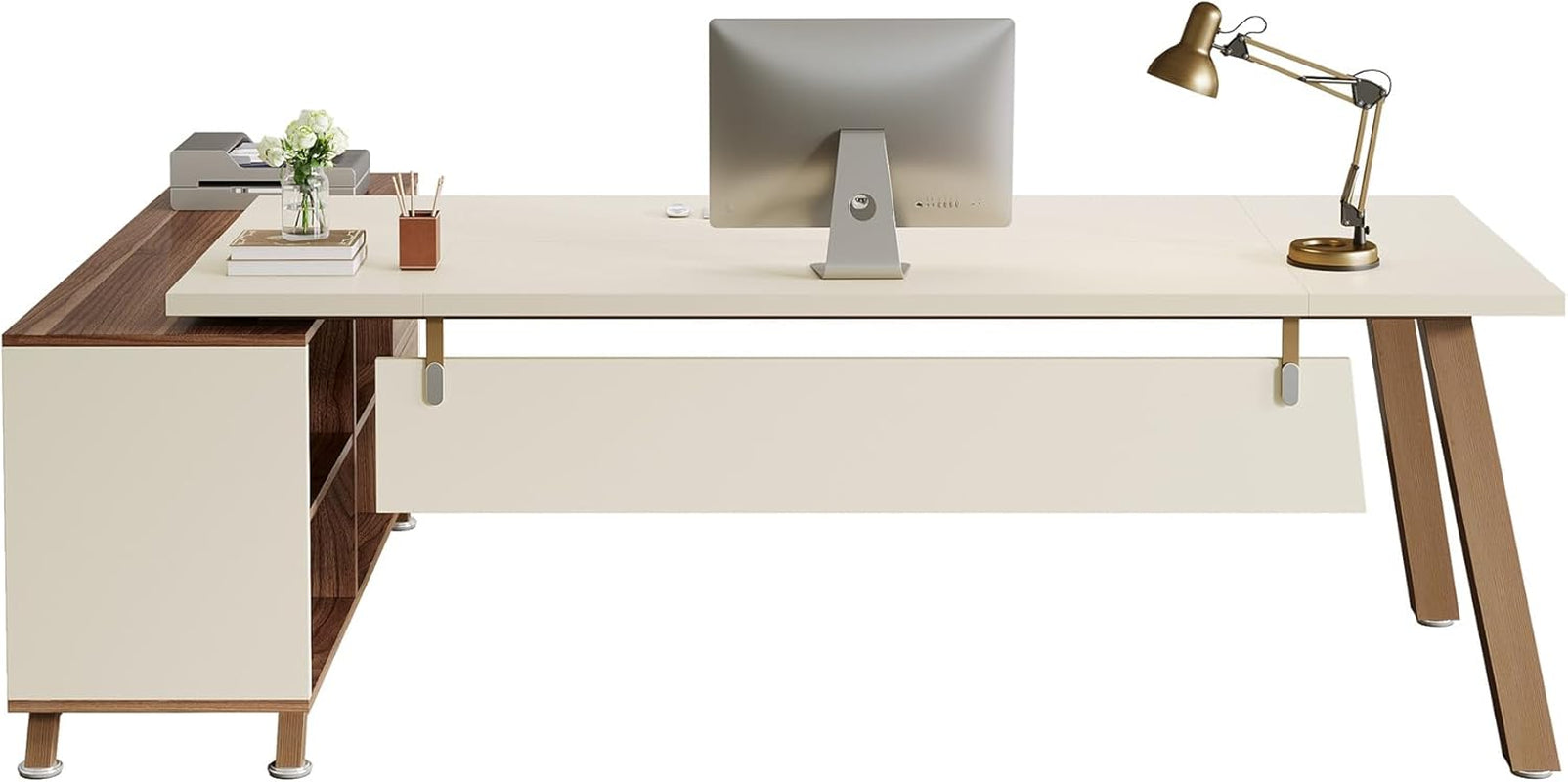 78.7" L-Shaped Executive Desk, Modern Office Desk with File Drawers & Storage Shelves, Large Computer Desk with 55-Inch Cabinet, Business Workstation for Home Office, Beige & Walnut