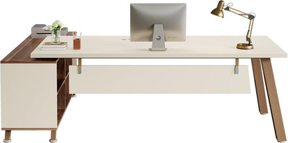 78.7" L-Shaped Executive Desk, Modern Office Desk with File Drawers & Storage Shelves, Large Computer Desk with 55-Inch Cabinet, Business Workstation for Home Office, Beige & Walnut