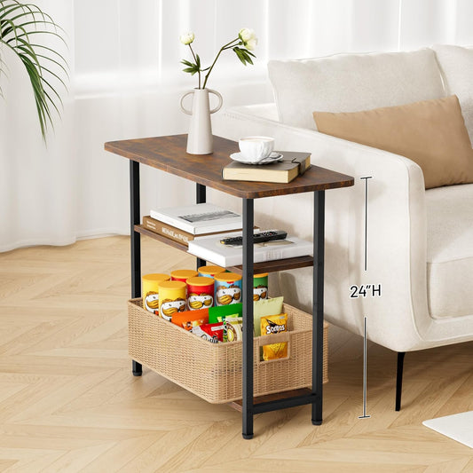 Side Table for Living Room, 3-Tier End Table for Small Space with Wide Storage Tabletop, Rustic Brown Narrow Nightstand for Bedroom, Sofa Couch