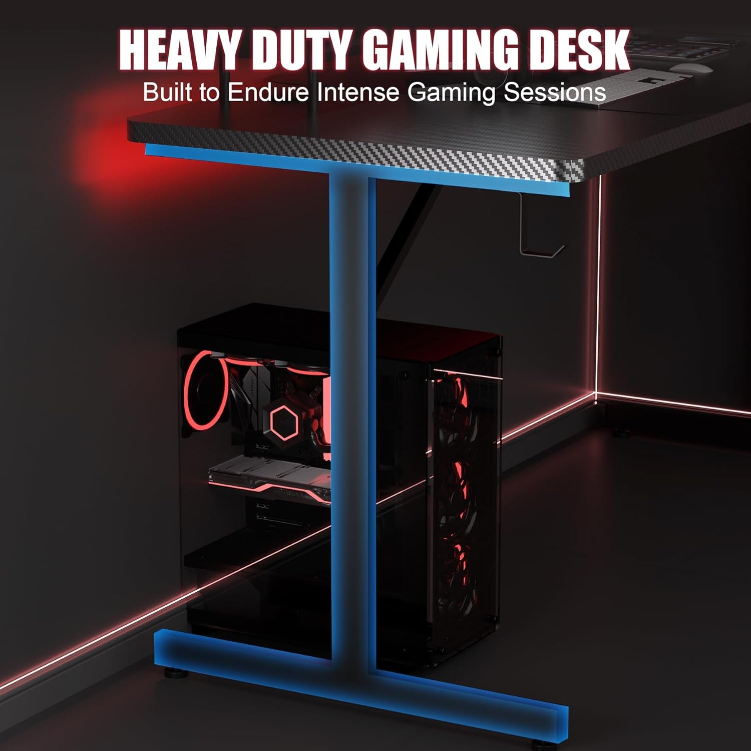 Gaming Desk 55 Inch with LED Lights, Large Computer Desk with Mouse Pad for Home Office, T-Shaped Carbon Fibre Surface PC Game Workstations with Headphone Hook