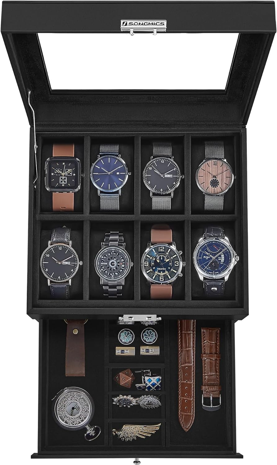 Watch Box, 20-Slot Watch Case Organizer with Large Glass Lid, Removable Pillows, Metal Lock, Gift for Loved Ones, Black Synthetic Leather, Wine Red Lining UJWB020R01