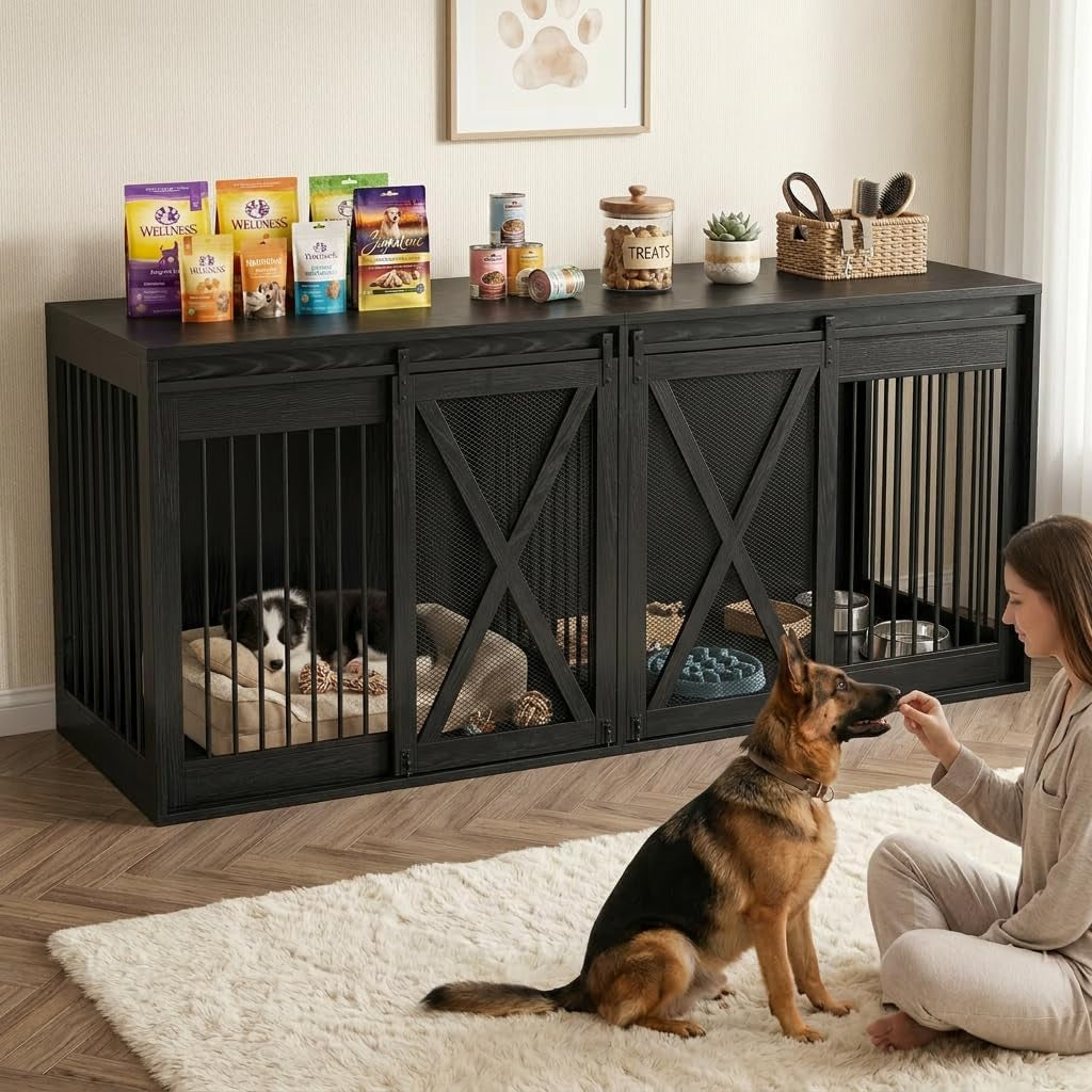 94 Inch Double Dog Crate Furniture for 2 Large Dogs, Dog Kennel TV Stand Large Breed, Farmhouse Dog Cage Furniture with Center Divider, XXXL Dual Dog Crate Entertainment Center, Black