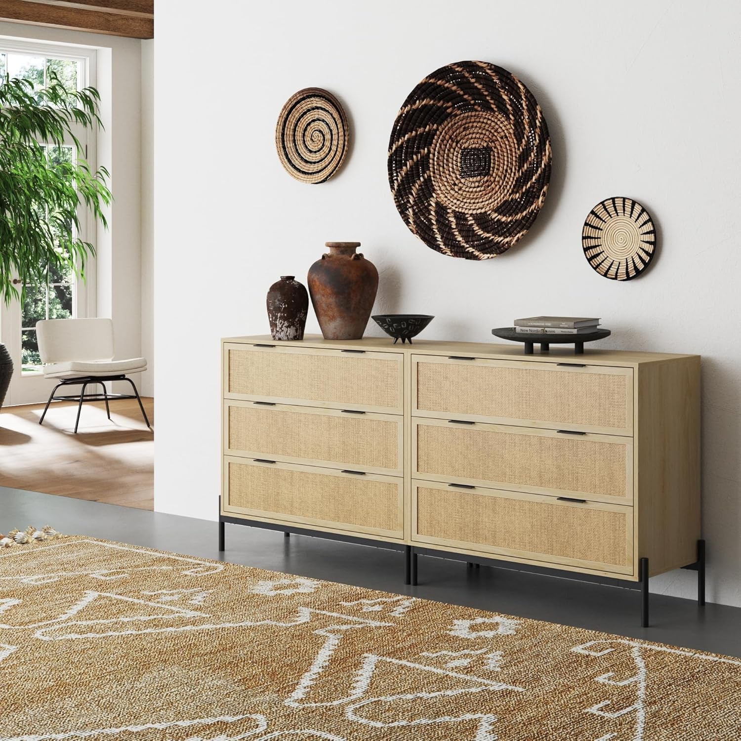 Andrew 3-Drawer Rattan Dresser or Bohemian Living Room Storage Cabinet with Natural Rattan Accent and Metal Legs, Light Oak/Black, Set of 2