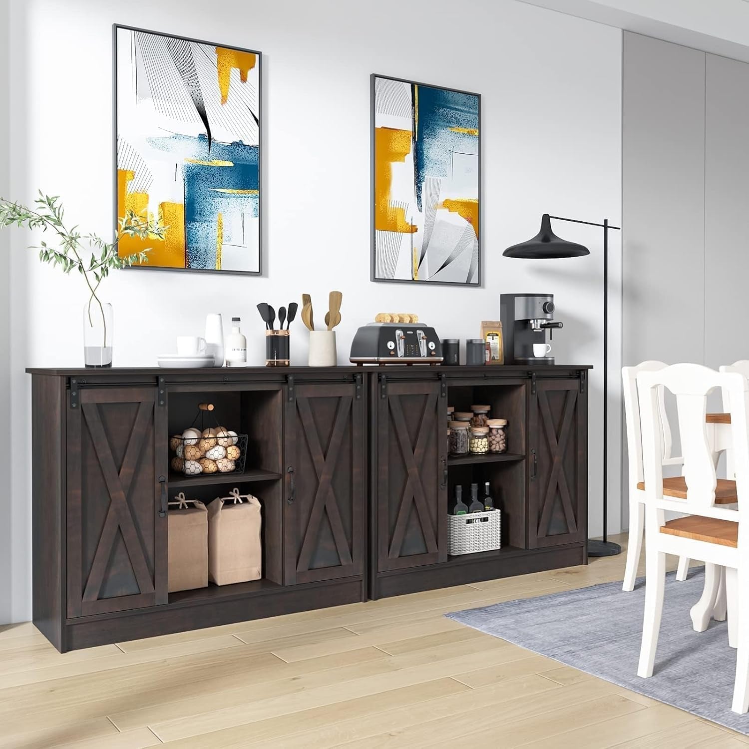 Coffee Bar Cabinet with Sliding Barn Doors, 42” Sideboard Buffet Cabinet with Storage, Farmhouse Coffee Bar Station Table Liquor Wine Bar with Shelves for Kitchen, Espresso