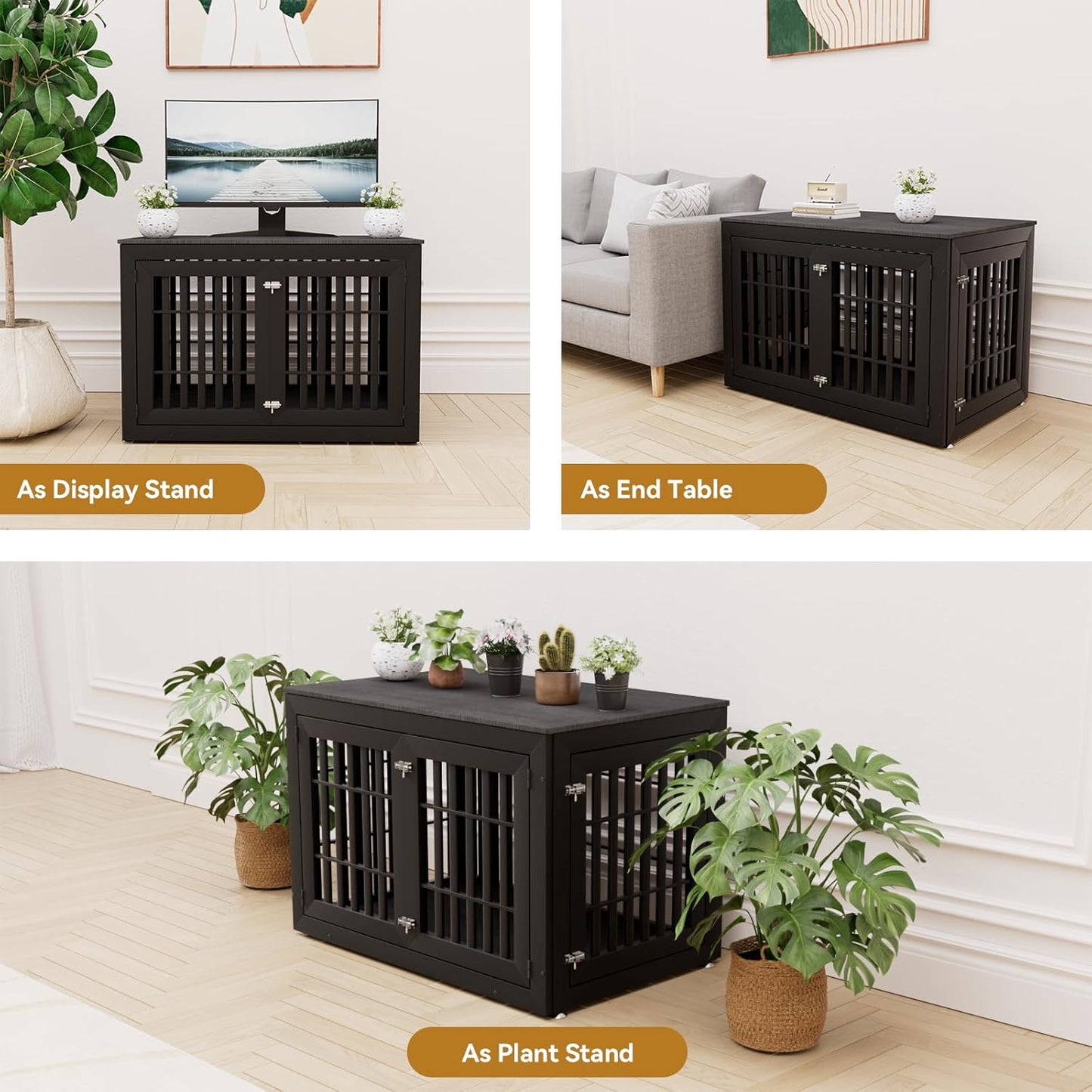 48 Inch Heavy-Duty Dog Crate Furniture, Decorative Wooden End Table Kennel with Waterproof Top & Wide Metal Tubes, for Large & Extra Large Dogs, Black