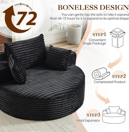 Oversized round Chaise Longue Chair Indoor, Modern 55-Inch Upholstered Corduroy Deep Seat Circle Single Cloud Lounge Floor Sofa Chair for Living Room, Bedroom Apartment, Black