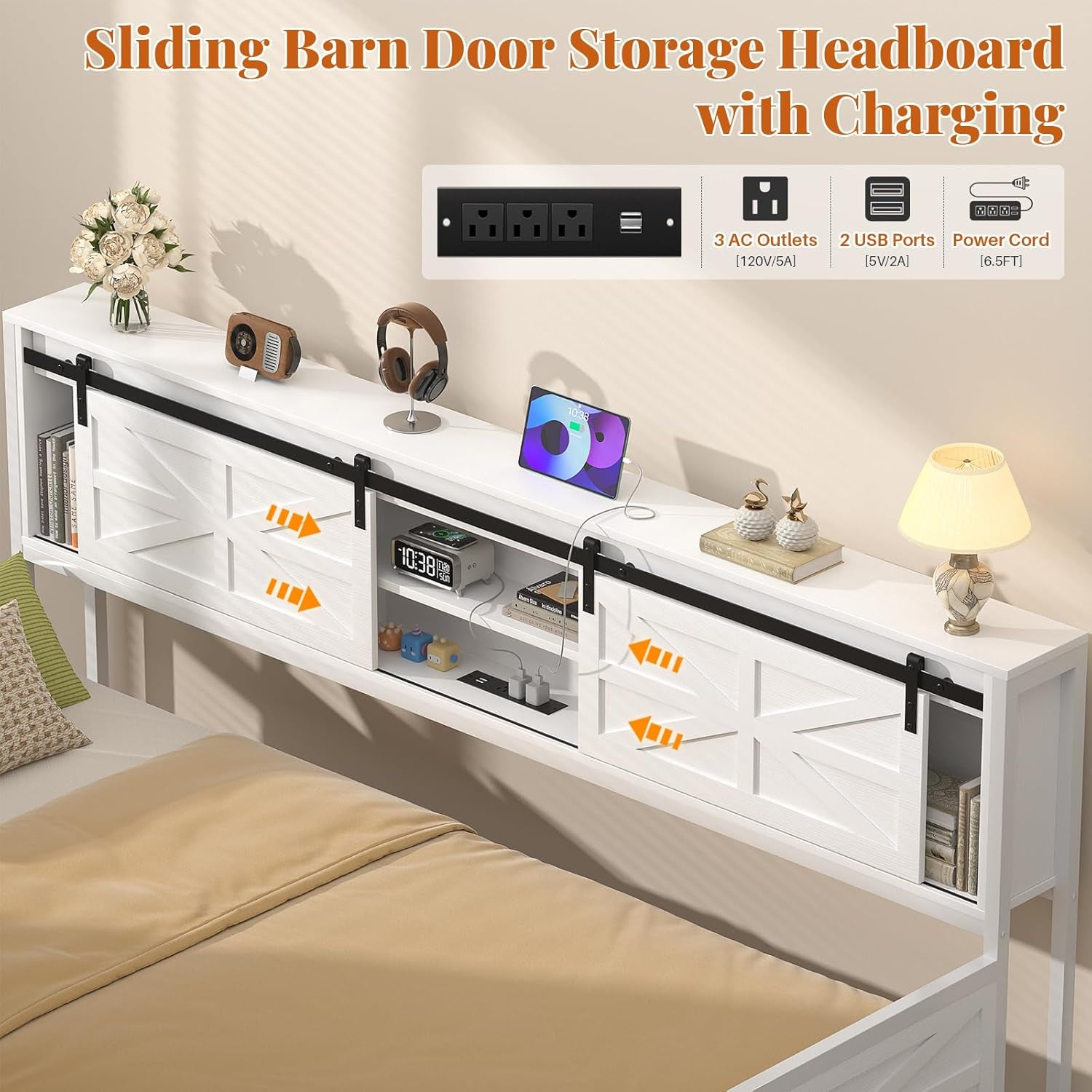 Daybed with Trundle, Farmhouse Twin Day Bed with Bookcase Headboard and Charging Station, Heavy Duty Metal Sofa Bed Frame with Pop-Up Trundle Bed for Living Room, Bedroom, White