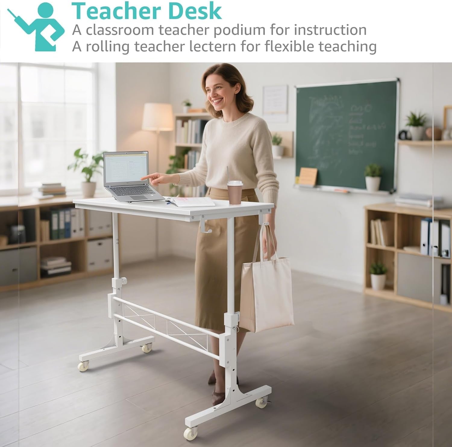 Small Portable Treadmill Walking Pad Desk on Wheels, 32 Inch White Adjustable Height Mobile Rolling Standing Teacher Desks, Couch Sofa Side Laptop Stand up Table for Bedroom, White