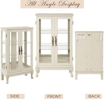 Lighted Curio Cabinet, 44" H Glass Display Case with Adjustable Glass Shelves, Vintage China Cabinet with Mirrored Back Panel & 3-Tier Shelves, Blub Included, Rack for Living Room (Antique White)