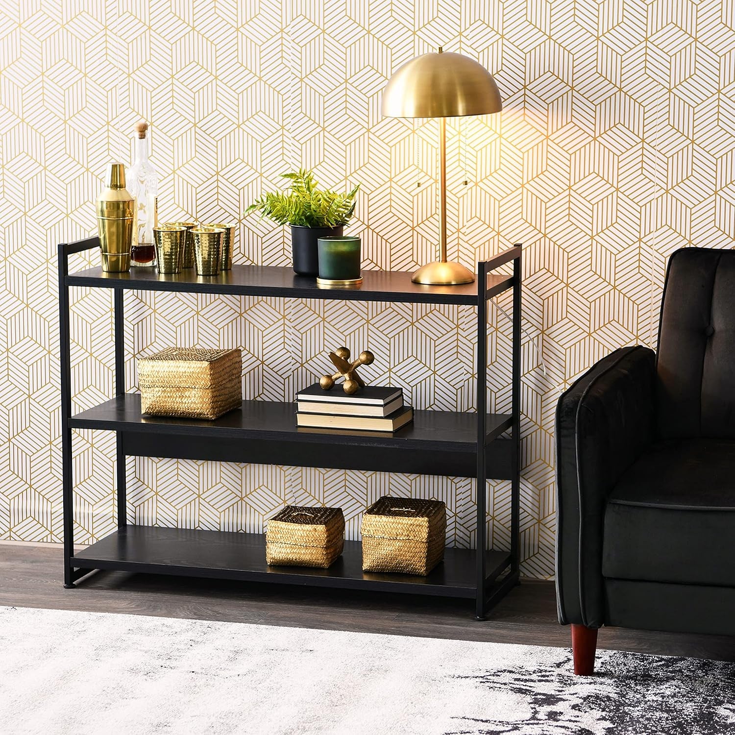Jamestown Wide 3 Shelf Open Storage Bookshelf Black Oak Wood Grain and Black Metal