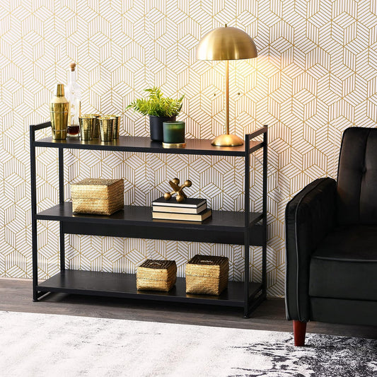 Jamestown Wide 3 Shelf Open Storage Bookshelf Black Oak Wood Grain and Black Metal