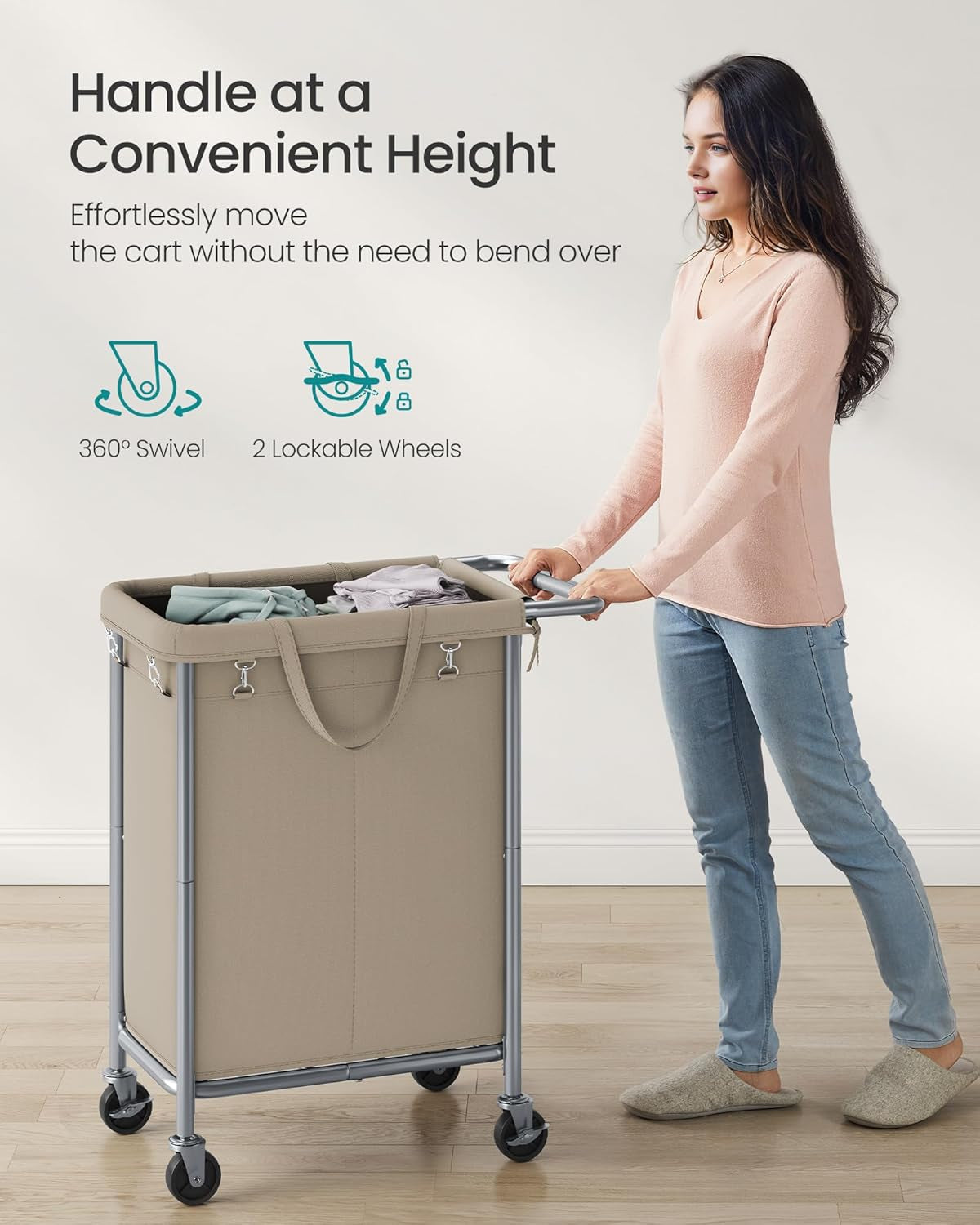 Laundry Basket with Wheels, 2-Section Rolling Laundry Hamper, 37 Gallons (140 L), Removable Liner, Steel Frame with Handle, 27.2 X 15.4 X 31.9 Inches, Camel Brown URLS004N01