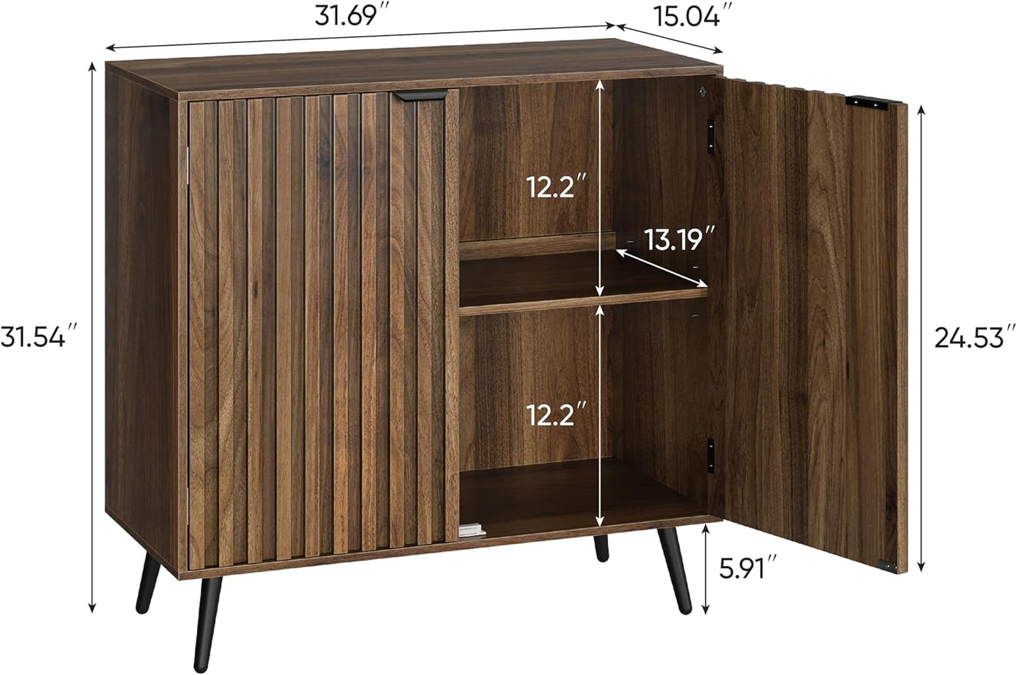 Fluted Sideboard Cabinet, Freestanding Walnut Buffet Cabinet with Adjustable Shelf, Wood Storage Cabinet for Living Room, Entryway, Hallway