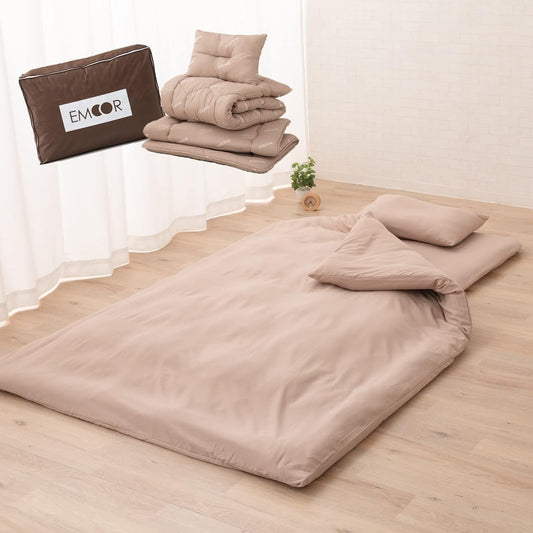 7-Piece Complete Japanese Floor Futon Set with Storage Bag (Comforter, Mattress, Pillow, 3 Covers & Storage Bag) First-Set, Twin Long Size, Fordable Sleeping Bed, Tatami Mat Pad