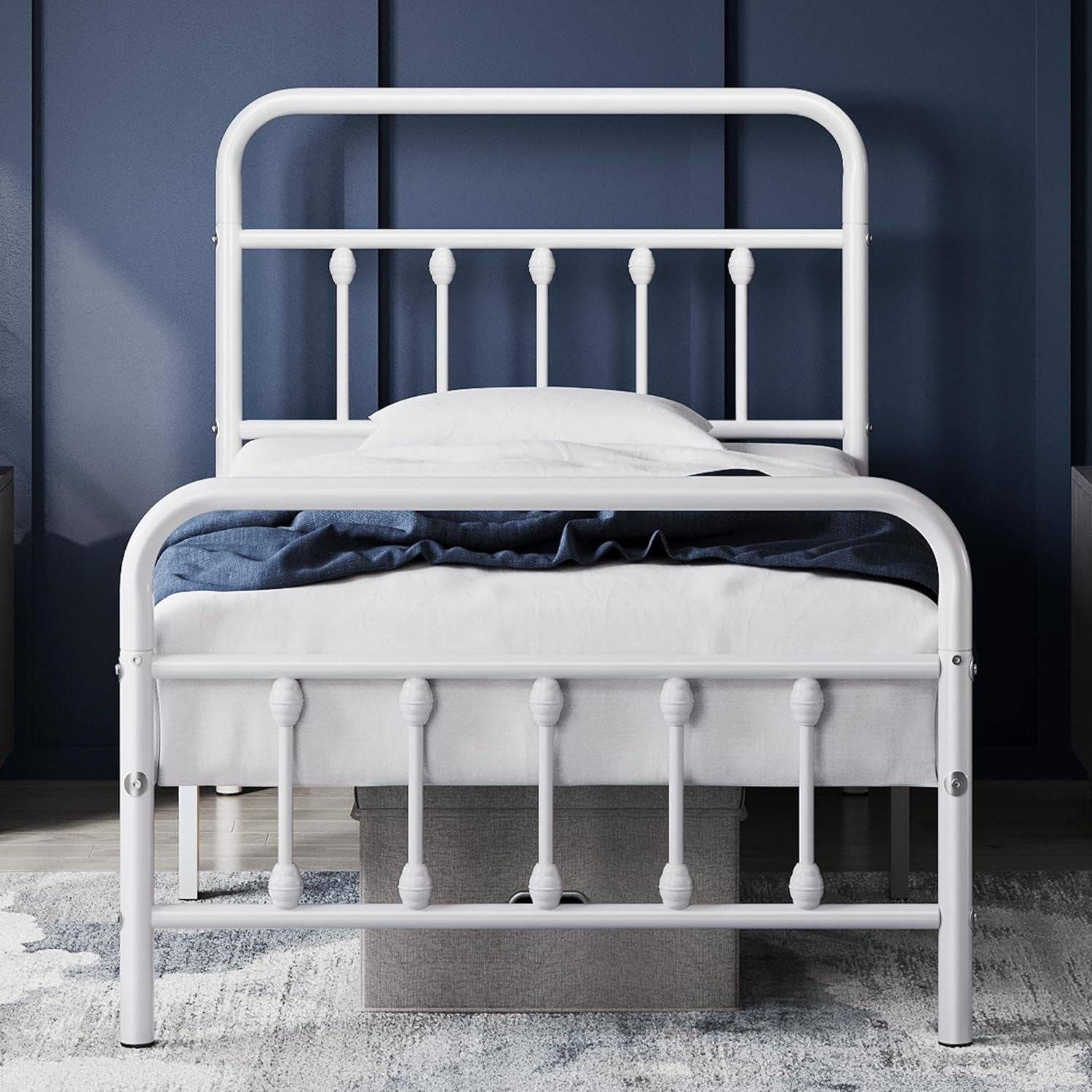 Classic Metal Platform Bed Frame Mattress Foundation with Victorian Style Iron-Art Headboard/Footboard/Under Bed Storage/No Box Spring Needed/Twin Size White