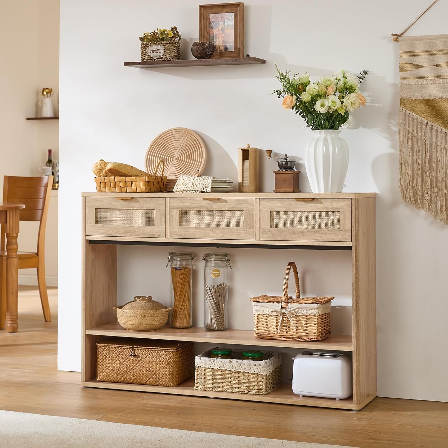 48" Boho Rattan Console Table with 3 Drawers, 3 Tier Wooden Entryway Table with Open Storage Shelf, Narrow Long behind Couch Sofa Tables for Living Room, Hallway, Entrance, Natural Wood