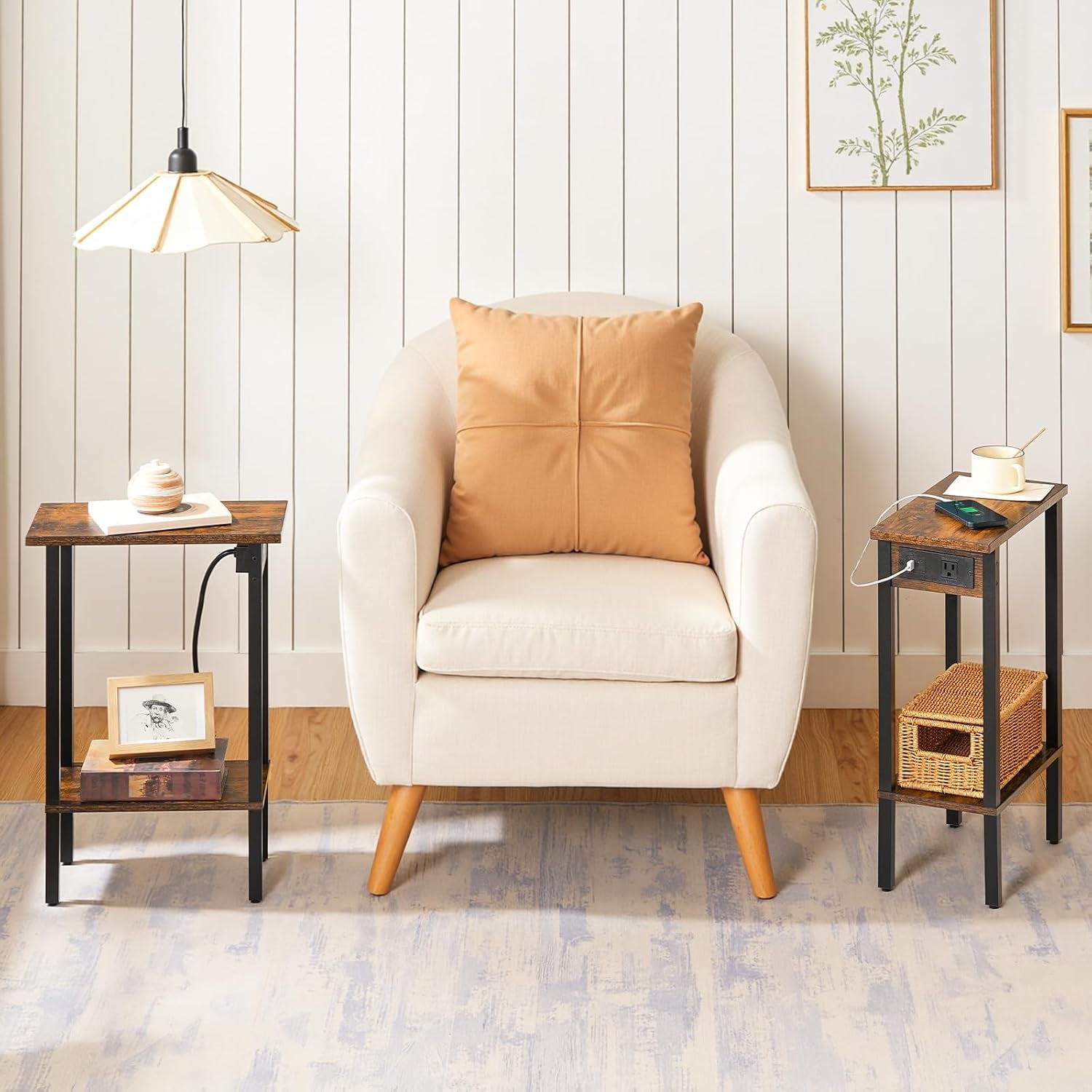 Small End Table with Charging Station, Narrow Side Table with USB Port and Outlets, Skinny Sofa Table, Slim Nightstand, Living Room, Bedroom, Rustic Brown and Black BF240UBZ01