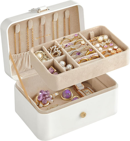 Jewelry Organizer Box, 2-Layer Travel Case for Earrings, Necklaces, Bracelets - Portable Jewelry Storage with Large Capacity, Gift-Ready Box for Women & Girls, Cloud White UJBC166W01