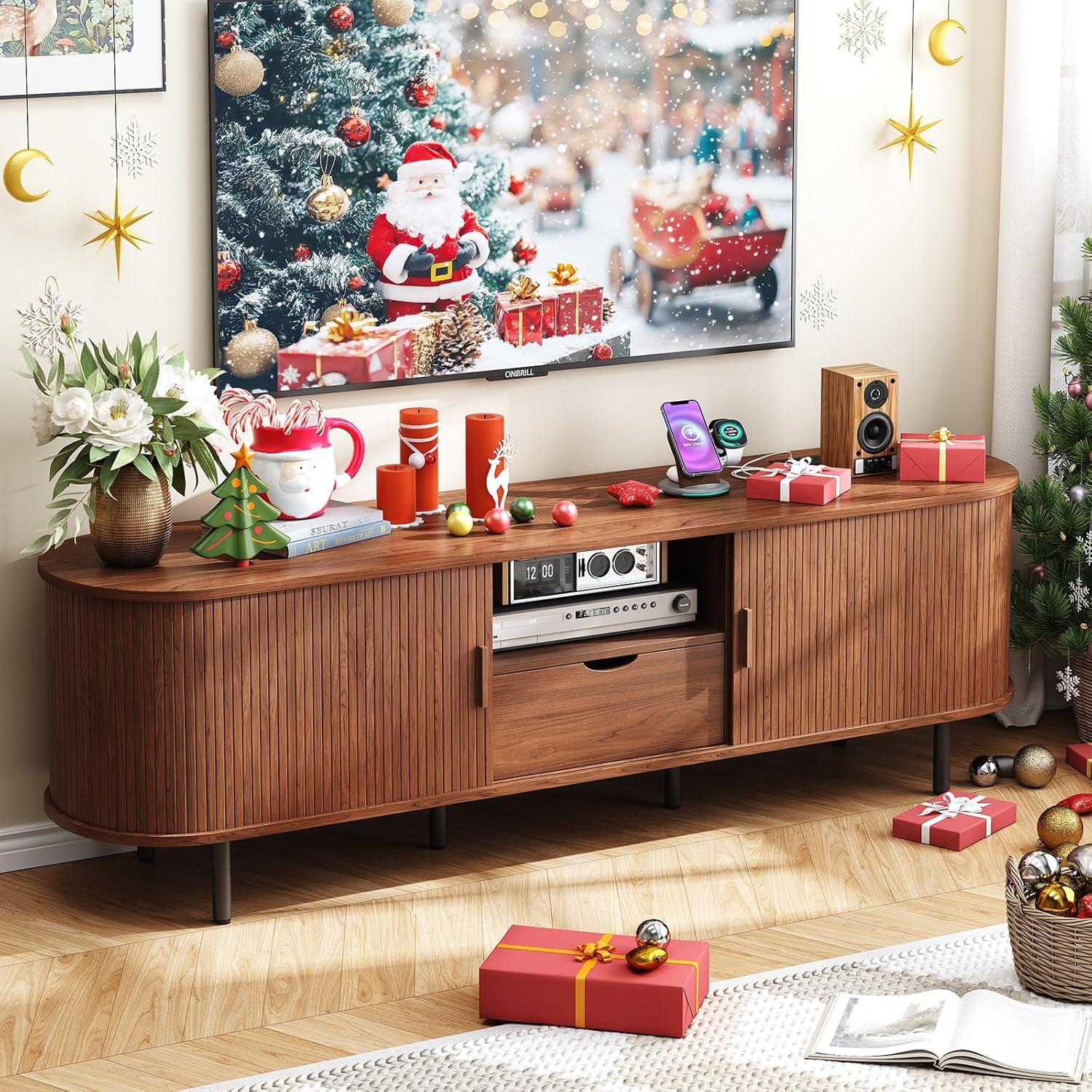 69" TV Stand with Power Outlet for Tvs up to 80", Entertainment Center with Storage and Drawer, TV Console with Adjustable Shelves and Sliding Door, TV Stand for Living Room, Bedroom, Walnut