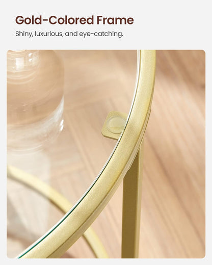 round Side Table, Glass End Table with Metal Frame, Gold Coffee Table with Modern Style, for Living Room, Balcony, Bedroom, Gold Color