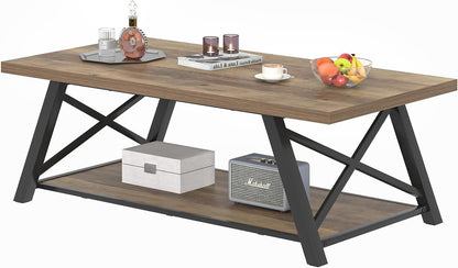 Modern Coffee Table, Rectangle Center Table for Living Room with Storage Shelf, Industrial Wood and Metal Cocktail Tea Table, Rustic Oak, 47 Inch