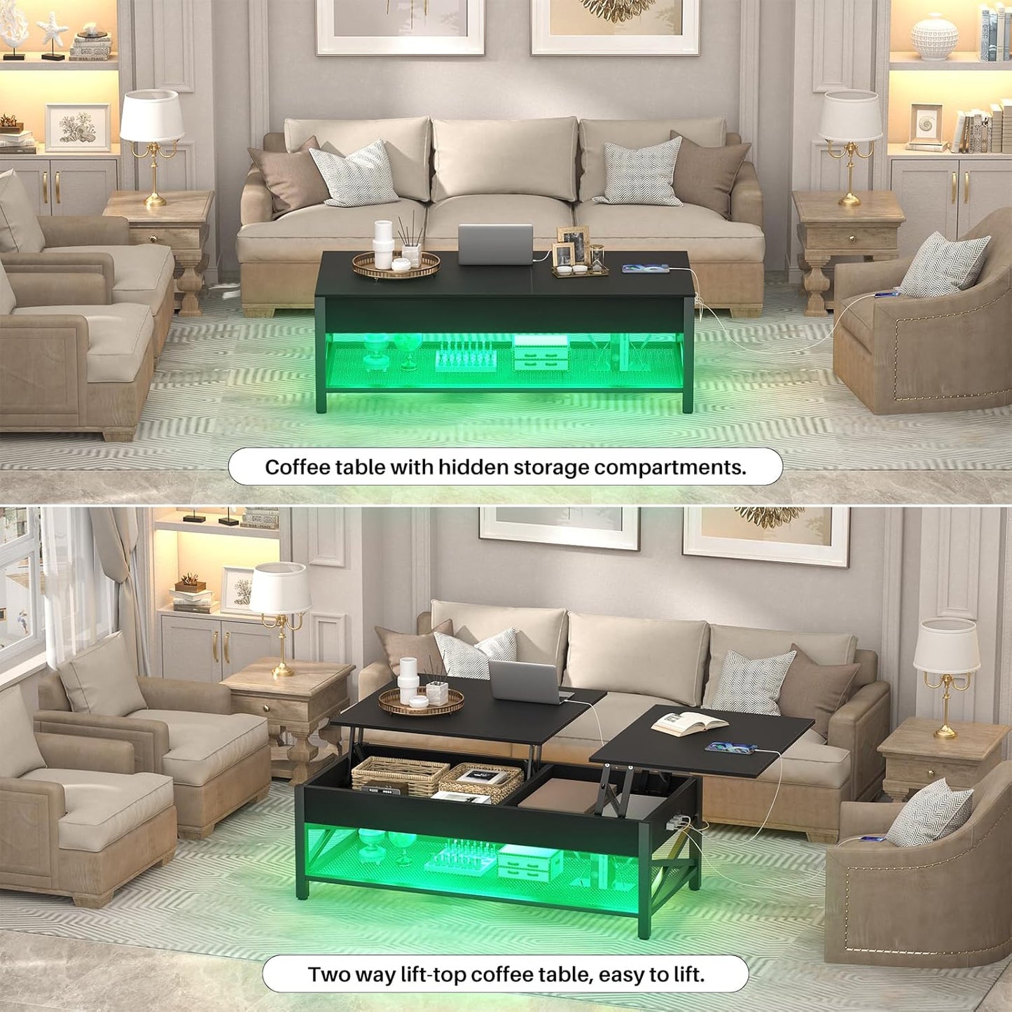 Black Lift-Top Coffee Table with LED Light, Power Outlets and Storage Shelf, 41.7"W X 19.69"L X 19.7"H