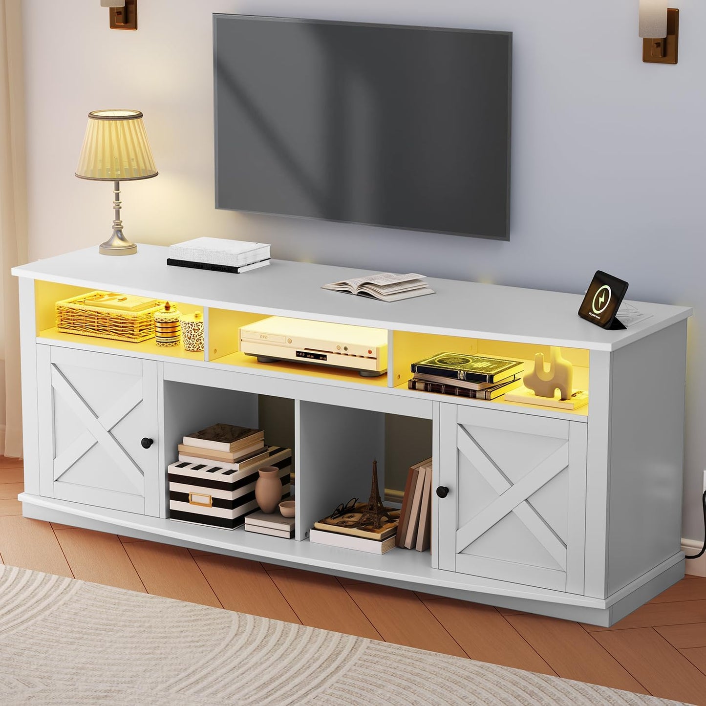 TV Stand for 75/80 Inch TV, White Entertainment Center 70 Inches Wide, Media Furniture TV Table with with Power Outlet, TV Consoles for Living Room, Curved Desktop