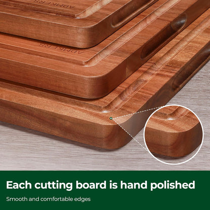 Acacia Wood Cutting Boards for Kitchen, Solid Wooden Cutting Board Set of 3, Charcuterie Board, Large Chopping Board for Meat, Cheese, Fruit, Vegetables (17X12, 12X10, 12X7 Inch)