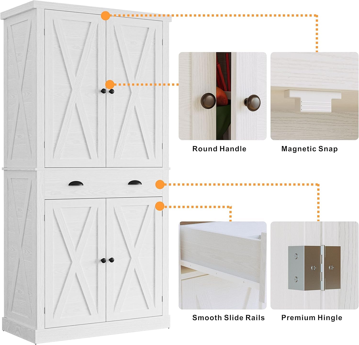 Kitchen Pantry Storage Cabinet 72.6" H, with Barn Doors, Drawer, 4 Adjustable Shelves, Freestanding Cupboard, Laundry, White