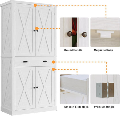 Kitchen Pantry Storage Cabinet 72.6" H, with Barn Doors, Drawer, 4 Adjustable Shelves, Freestanding Cupboard, Laundry, White