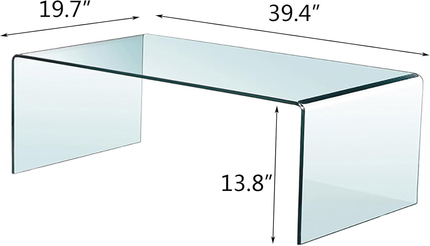 Tempered Glass Coffee Table, Small Clear Modern Coffee Tables with Rounded Edges Bent Home Office Furniture,Glass Sofa End Table 39.4" X 19.7" X 13.8"H