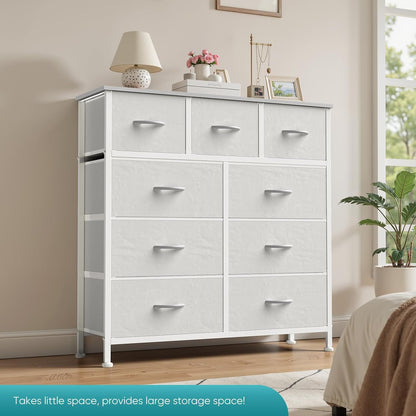 9 Drawer Storage Dresser with Wood Top - Wide Fabric Chest Organizer for Bedroom, Closet, Living Room,Tower Cabinet, TV Stand, Hallway Entryway Furniture,Bright White