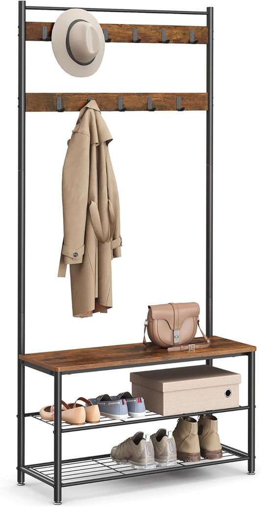 Coat Rack, Hall Tree with Shoe Storage Bench, Entryway Bench with Shoe Storage, 3-In-1, Steel Frame, for Entryway, 12.6 X 33.5 X 68.9 Inches, Industrial, Rustic Brown and Black UHSR401B01