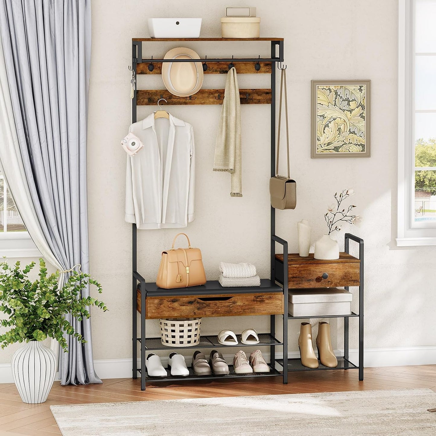 Hall Tree with Bench, Shoe and Coat Rack for Entryway, Coat Rack with Bench, Flip Top Storage Box, PU Cushioned Seat, Non-Woven Fabric Drawer, for Entrance, Rustic Brown and Black BF110MT01